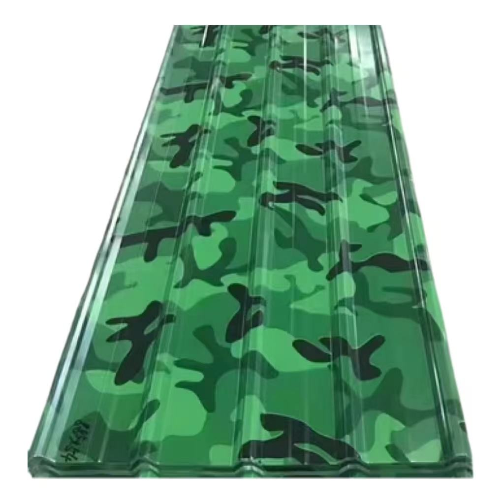 Camouflage metal roofing sheet for outdoor structures